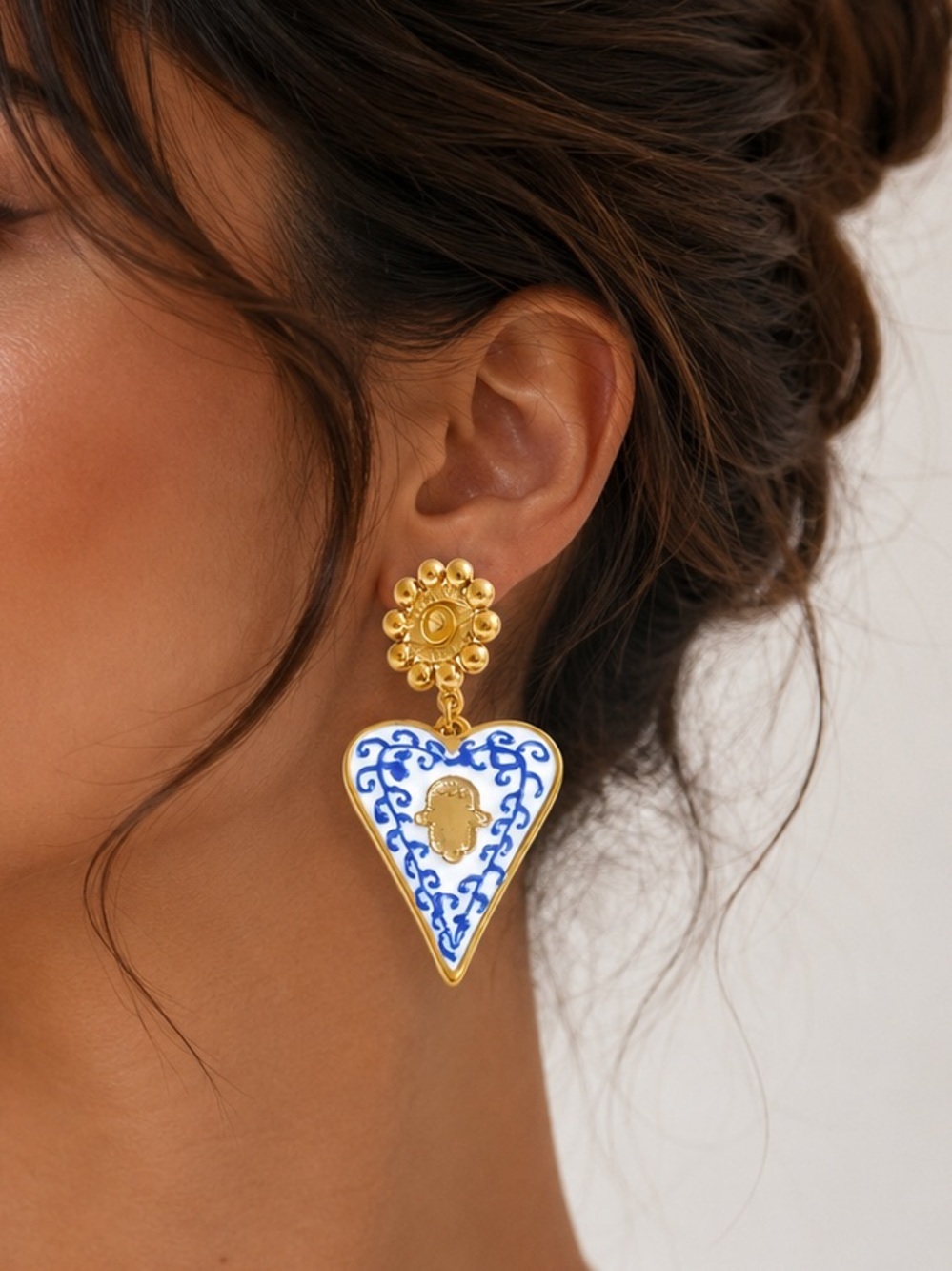 Royal Blue Gold Heart Hamsa Drop Earrings